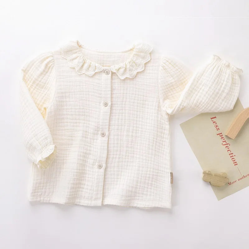 1-6 Toddler Kids Beige Blouse Autumn Lace Collar Shirts Elegant Long Sleeve Tops for Girls Fall T shirt Baby Clothes Clothing
