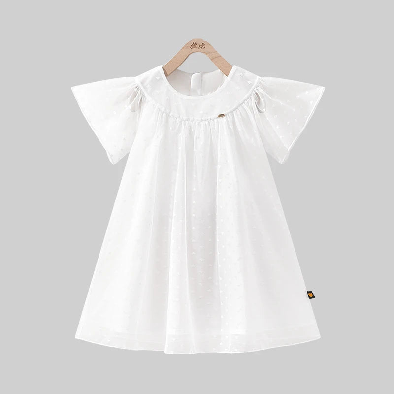 Summer Girl Heart Mesh Layered Dress High end Princess Fairy Dresses Flower Sleeve Frocks White Blue Dresses Kids Children Cloth