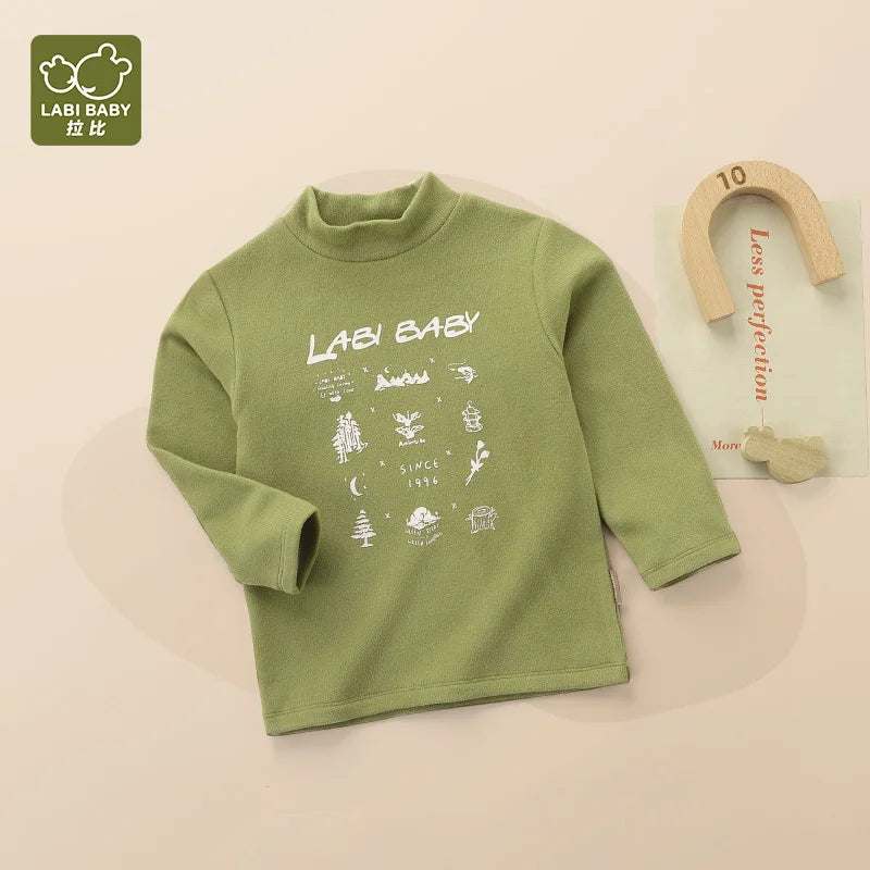 LABI BABY T-shirt Autumn Long Sleeve High Collar Tops for Boys Girls Kids Undershirt Green Blue Print Top Baby Boy Clothes