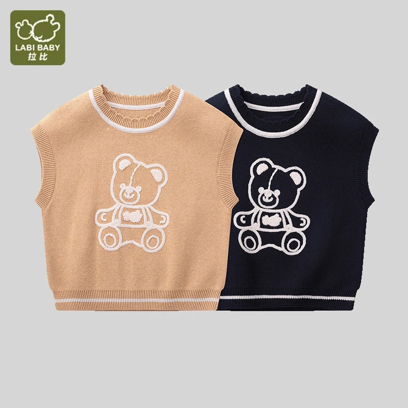 LABI BABY Girls Knitted Vest Top Sweater Vest Bear Pattern Autumn Tops Knitted Clothing Blue Khaki 1-6 Toddlers Baby Clothes