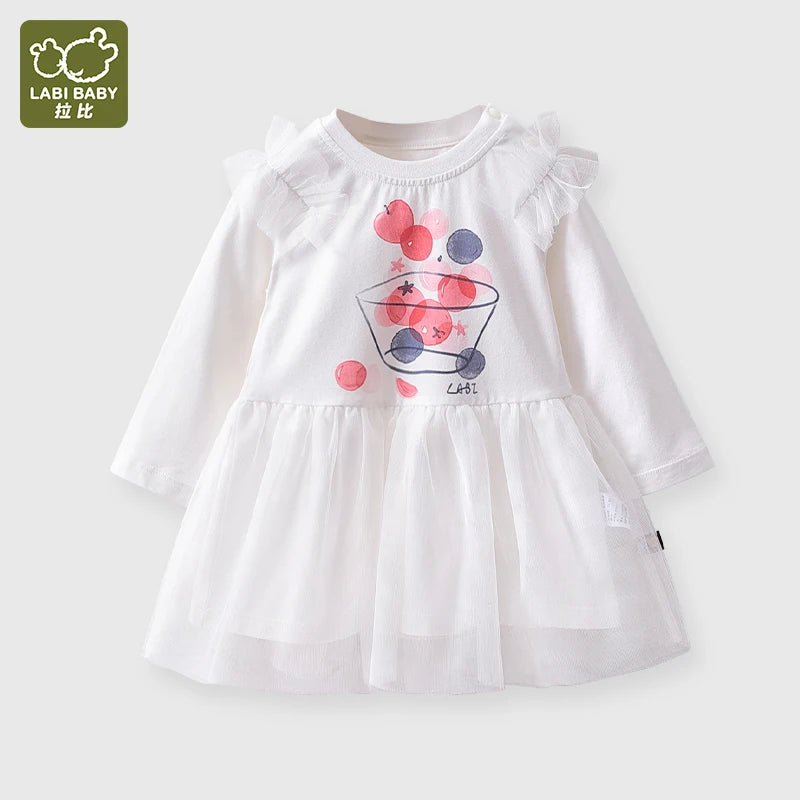 Spring and Autumn Cute Dress 1-2 Year Old Girl Lace Dress Long sleeved Shoulder Open Button Casual Children's Clothing