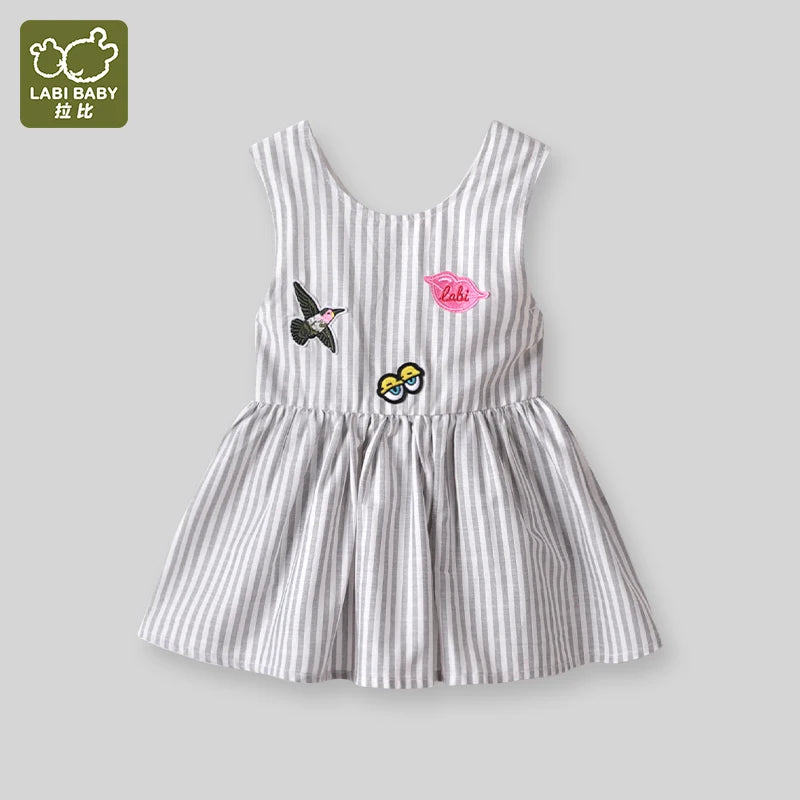 LABI BABY Cute Sleeveless Dresses for Baby Girls Summer Toddler Cotton Dress Cartoon Striped Pattern Thin Clothes Kids Clothing