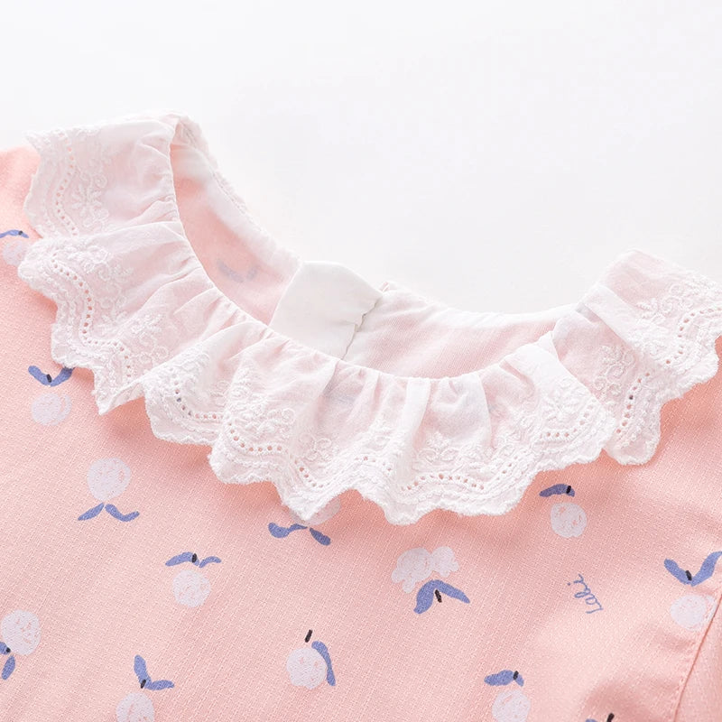 Pink Floral Dresses for Girls Flowers Print Full Sleeve Dress Cotton Lace Round Neck Baby Clothes Kids Knee Length Dress 2024