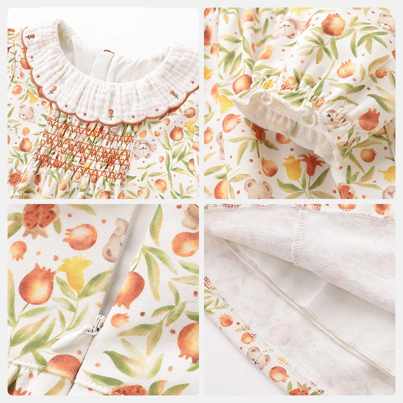 LABI BABY Girls Dress Embroidery Ruffle Lapel Sweet Dresses Autumn Flower Print Long Sleeve Dress Kids Clothing Children Clothes