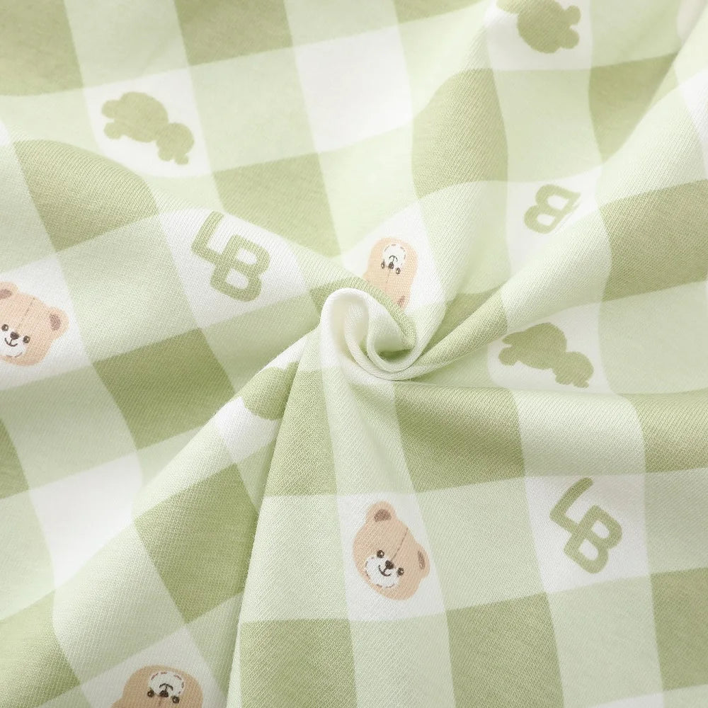 Girls Summer Top Short Sleeve Green T Shirt for Kids Girl Sweet Plaid Bear Print Tops 1-6 Years Children Baby Cotton Clothes
