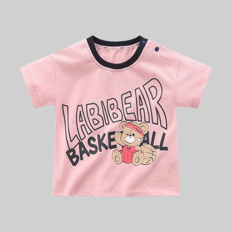 LABI BABY Cute Pink Bear Summer Shoulder Open Buckle Short Sleeve Casual Loose T-shirt