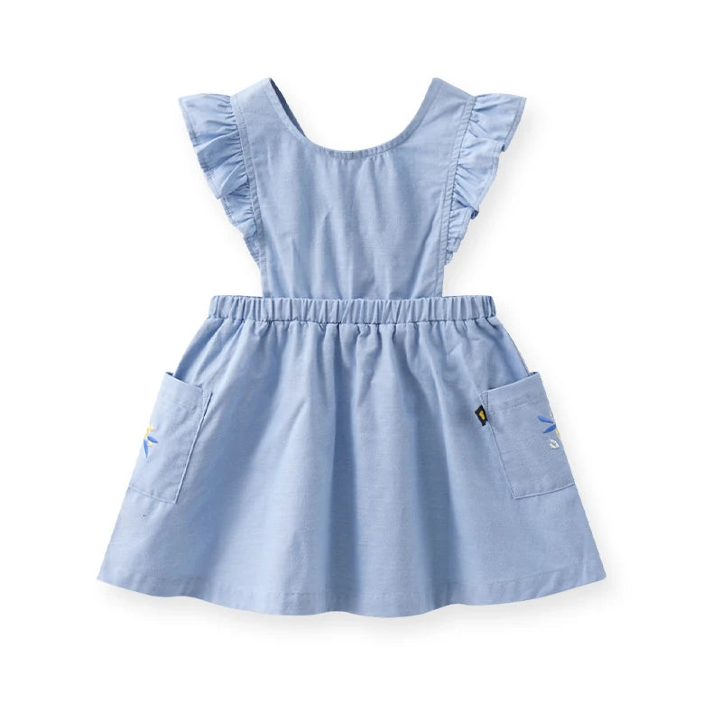 Summer Dress Cotton Fly Sleeve Dresses for Kids Girls Solid Blue Girl A-line Knee Length Dress with Pockets Children Clothes