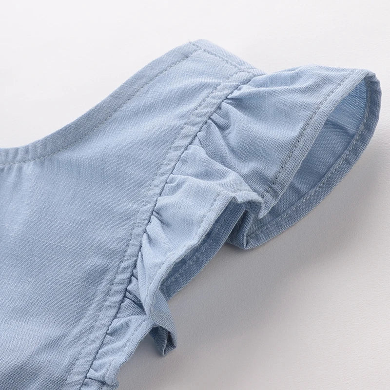 Summer Dress Cotton Fly Sleeve Dresses for Kids Girls Solid Blue Girl A-line Knee Length Dress with Pockets Children Clothes
