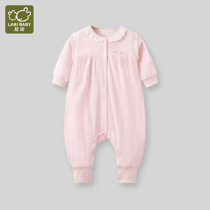 LABI BABY Newborn Lace Romper Sleeping Bag Infant Long Sleeve Solid Color Sleepwear Jumpsuit Baby Girls One-Piece Bedding