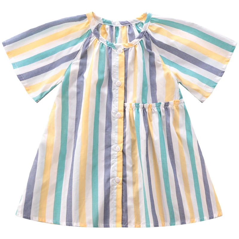 Colorful Pleated Design Dress for Girls Baby Summer Thin Dresses Kids Stripes Print Round Neck Party Dress Summer Beach Clothes