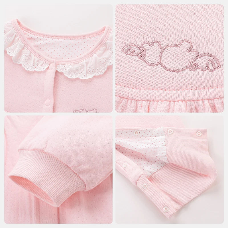 LABI BABY Newborn Lace Romper Sleeping Bag Infant Long Sleeve Solid Color Sleepwear Jumpsuit Baby Girls One-Piece Bedding