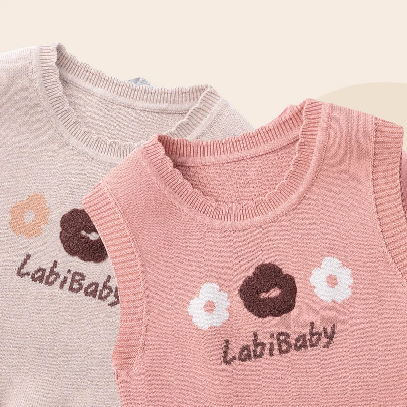 LABI BABY Blossom Knitted Vest for Girls Flowers Pattern Sweater Vest O Neck Pullover Knitwear Sleeveless Sweater Vests Top 2024
