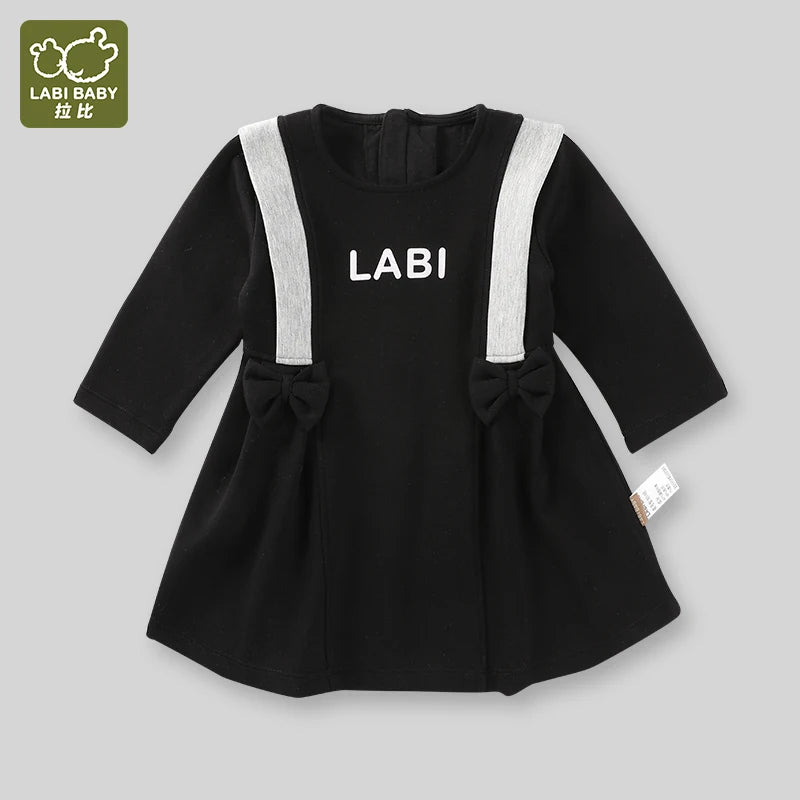 LABI BABY Girl Bow Dress Cool Fashion Long Sleeve Black Dresses for Kids Toddler Girls Autumn Dresses Children Casual Clothing