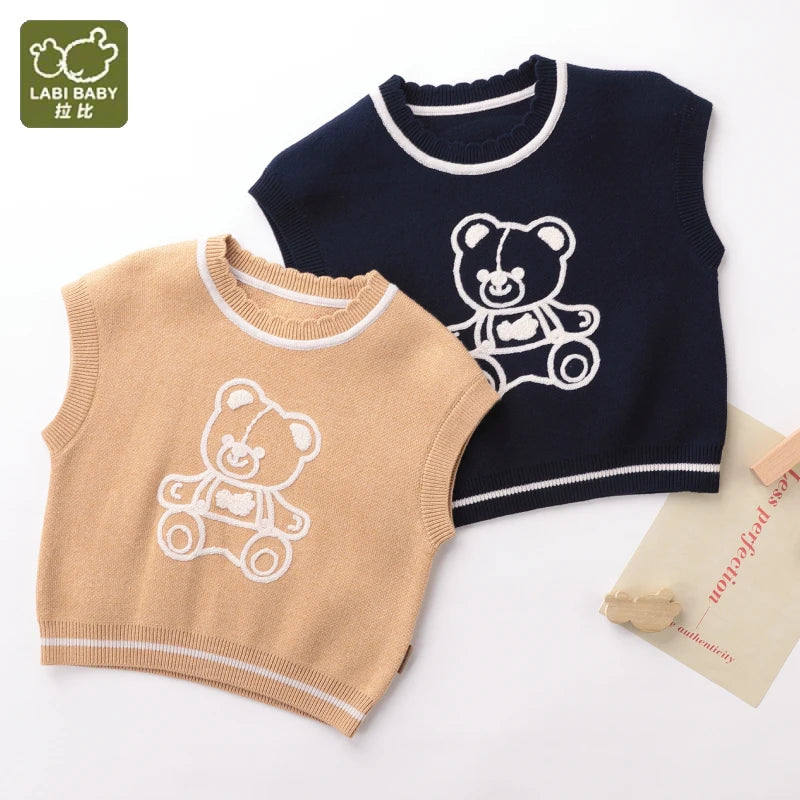LABI BABY Girls Knitted Vest Top Sweater Vest Bear Pattern Autumn Tops Knitted Clothing Blue Khaki 1-6 Toddlers Baby Clothes