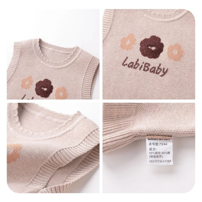LABI BABY Blossom Knitted Vest for Girls Flowers Pattern Sweater Vest O Neck Pullover Knitwear Sleeveless Sweater Vests Top 2024