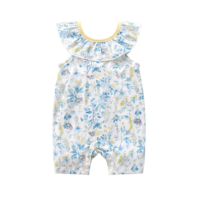 LABI BABY Monos con volantes de algodón para recién nacidos, peleles de verano con estampado de flores, monos para niños y niñas, trajes sin mangas para niños pequeños