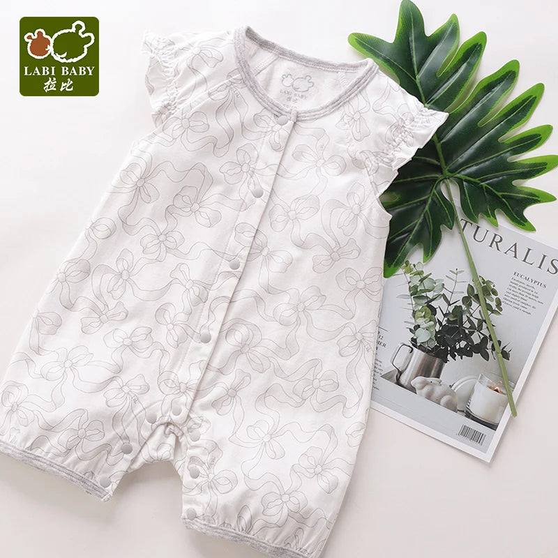 High-end Newborn Rompers Ruffle Sleeve Bows Flower Print Infant Bodysuit for Boy Girls Toddler Jumpsuit Baby Clothes Gift Summer