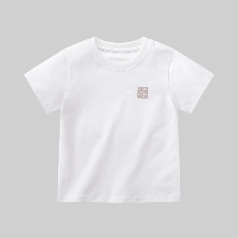 LABI BABY Children Short Sleeved T-shirt Summer Clothes Cotton White Pink Green Grey Solid Color Round Neck Top 1-10 Year Old