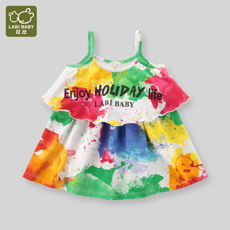 LABI BABY Summer Colorful Dresses for Girls Kids Cartoon Printed Cotton Dress Casual Girls Clothing Toddler Baby Girl Clothes