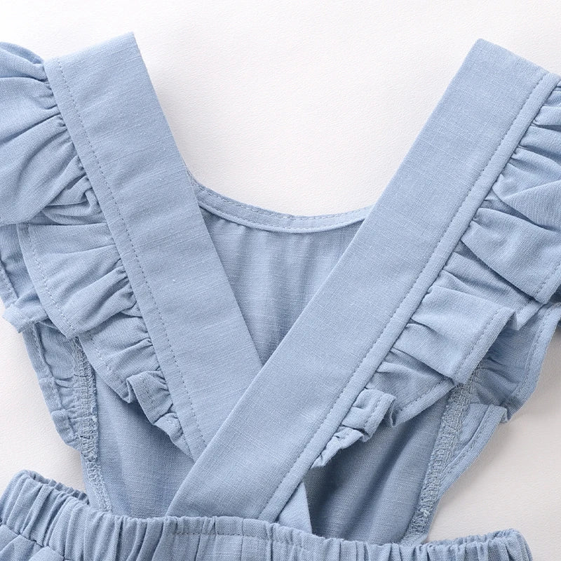 Summer Dress Cotton Fly Sleeve Dresses for Kids Girls Solid Blue Girl A-line Knee Length Dress with Pockets Children Clothes