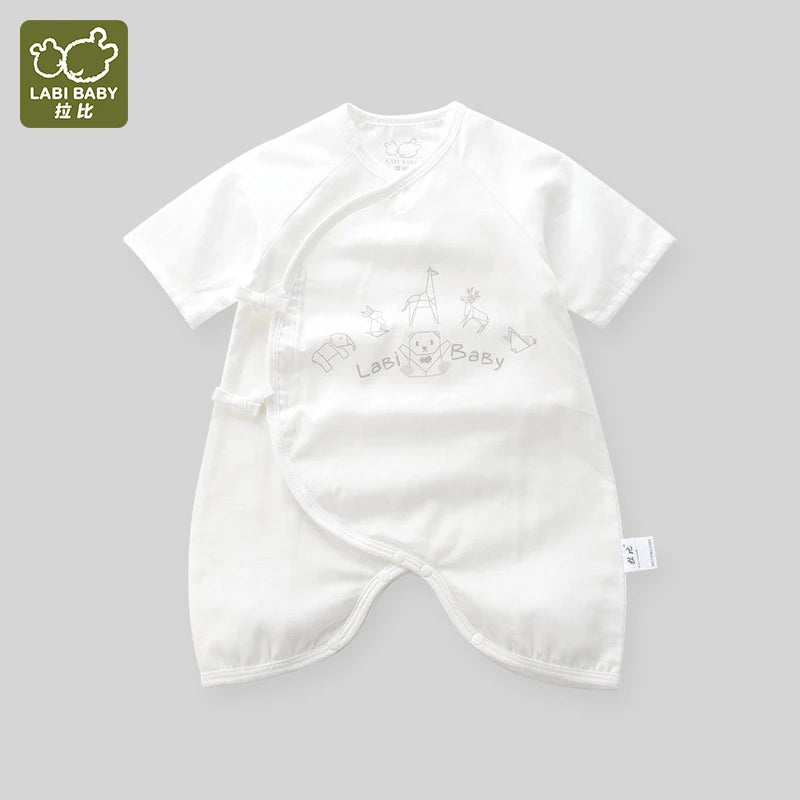 LABI BABY Pelele de algodón puro, mono con apertura inclinada de dibujos animados para niños y niñas, monos finos de verano para recién nacidos, ropa para niños