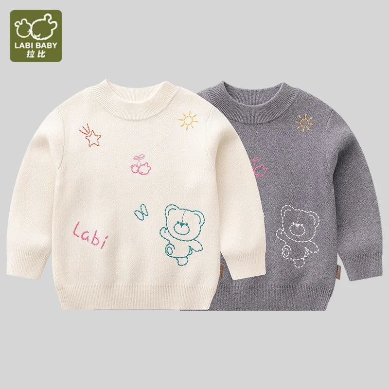 LABI BABY Knit Sweater for Girls Boys Embroider Sweaters Pullover Bear Pattern Fall Winter Knitted Tops Toddlers Kids Clothes