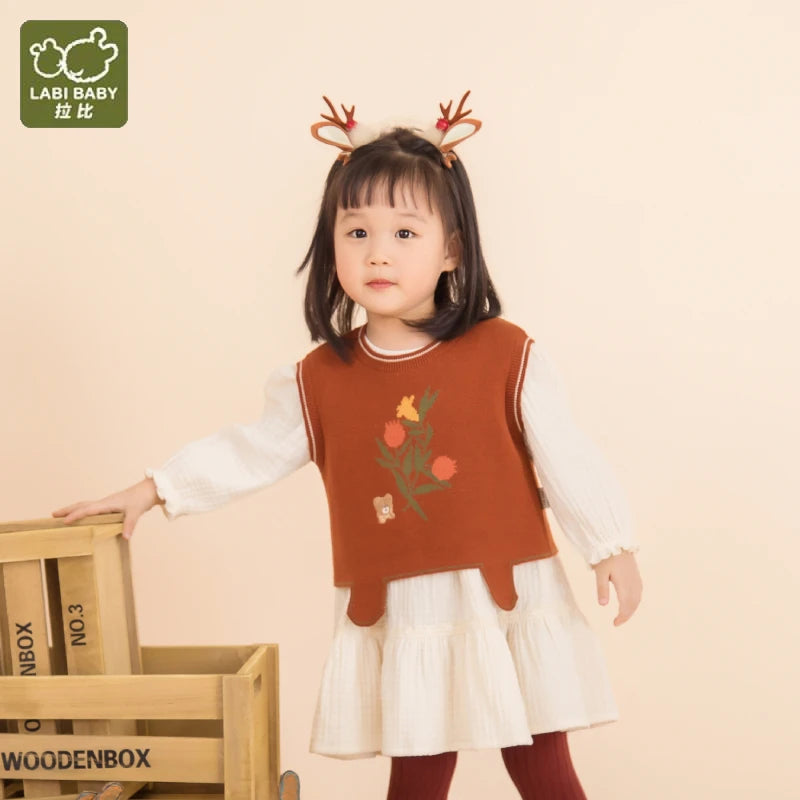 LABI BABY Girls Knitting Vest Autumn Knitted Vest Top Sleeveless Sweater Versatile Pullover Vest Xmas Red Sweater Clothes 1-6 T
