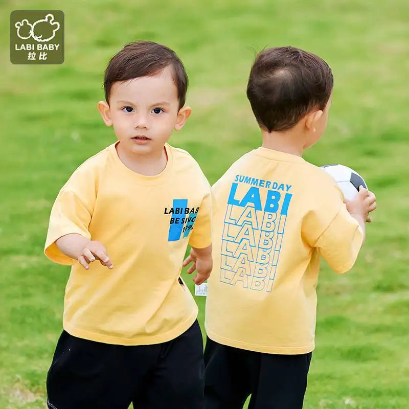Boys Round Neck Sports Leisure Set Short Sleeve Tops Shorts Yellow Blue Kids T-shirt Summer Letter Print Children Clothing 1-6 T
