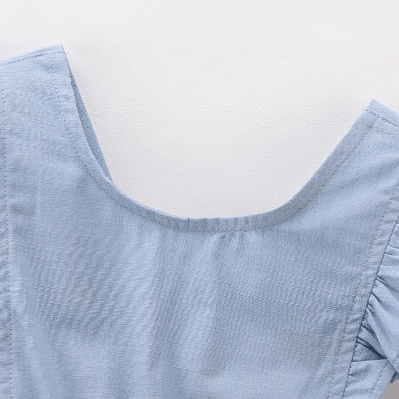 Summer Dress Cotton Fly Sleeve Dresses for Kids Girls Solid Blue Girl A-line Knee Length Dress with Pockets Children Clothes