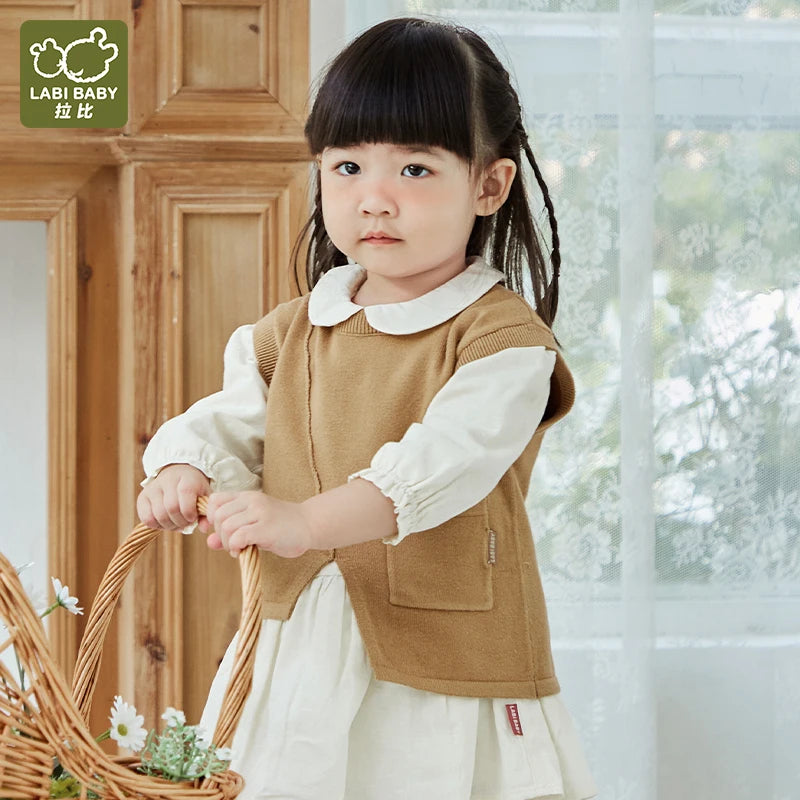 LABI BABY 3 Colors Girls Sweater Vest Autumn Spring Round Neck Pullover Vest Knitted Sweater Top Children Clothes Kids Clothes