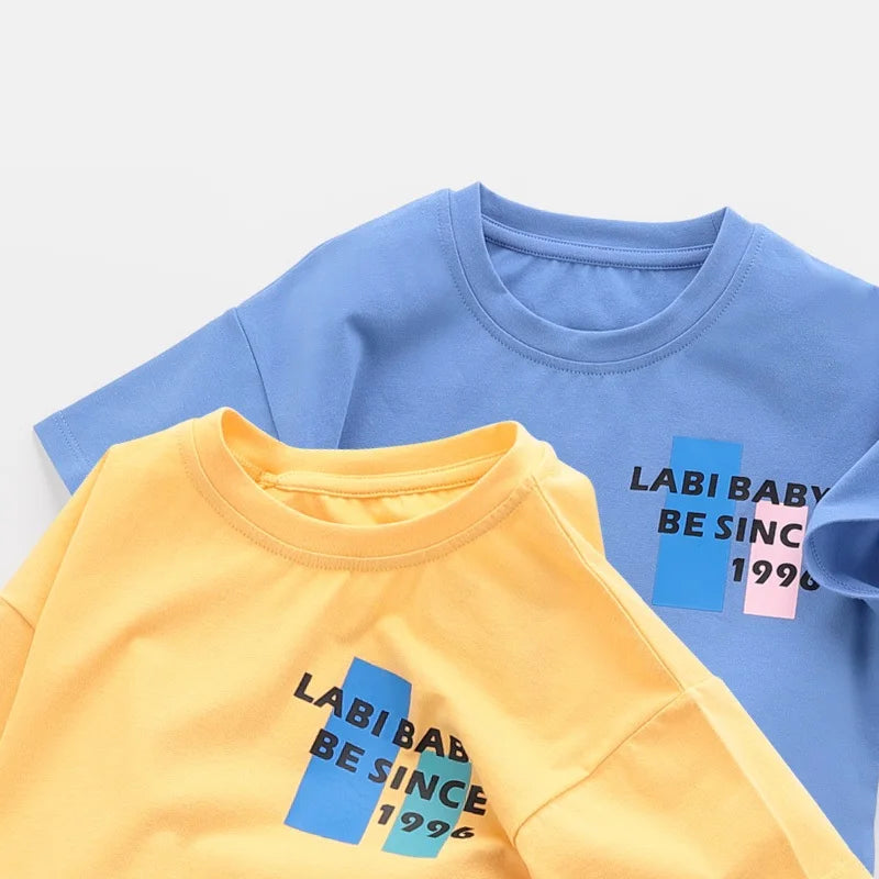 Boys Round Neck Sports Leisure Set Short Sleeve Tops Shorts Yellow Blue Kids T-shirt Summer Letter Print Children Clothing 1-6 T