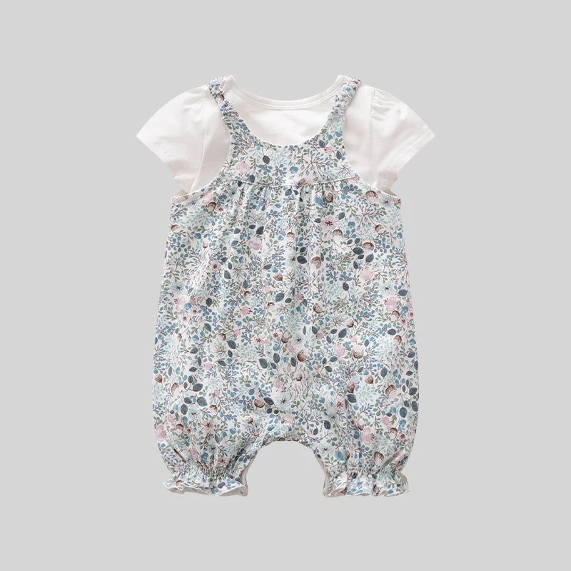 LABI BABY Elegant Flowers Pattern Bodysuit Set for Girls Summer Toddler Jumpsuit Floral Clothes Infant Short Sleeve Clothing