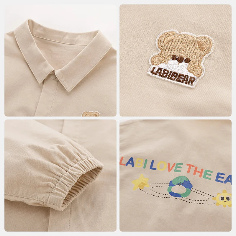 LABI BABY Durable Corduroy Shirt for Kids Autumn Spring Blouse Boys Girls Long Sleeve Tops with Snap Buttons Cartoon Letter Prin