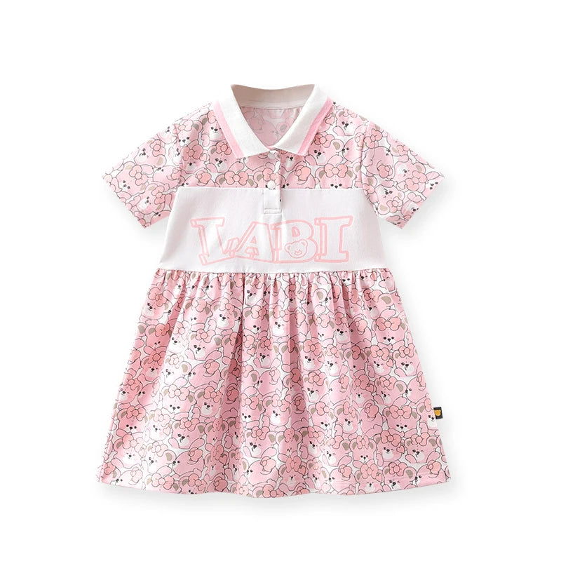 Pink Dresses Bear Cartoon Print Short Sleeve Dress For Kids Girl Cotton Cute kids clothes girl Knee Length dress 2024