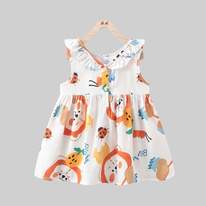 Summer Girls Dresses Cartoon Print Sleeveless Cotton Dress for Girls Kids Children Cute Round Neck Dresses Baby Girls Clothes