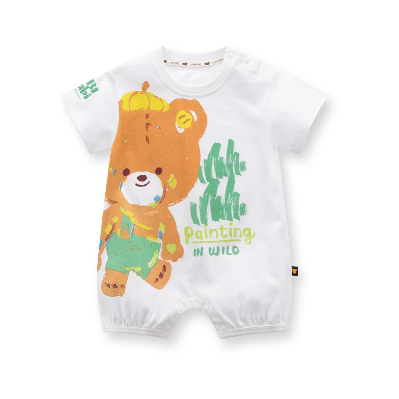 Pelele de verano para recién nacido, mono de manga corta para niños y niñas, monos infantiles con cuello redondo y oso de dibujos animados, ropa bonita para niños pequeños