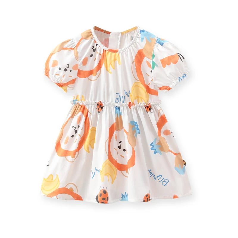 Girls Elegant Dresses Cartoon Print Puff Short Sleeve Dress for Kids Girl Cotton Cute Kids Clothes Girl Round Neck Dress 2024