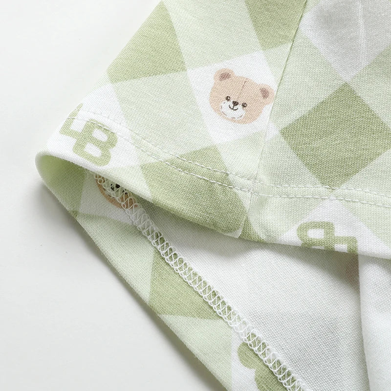 Girls Summer Top Short Sleeve Green T Shirt for Kids Girl Sweet Plaid Bear Print Tops 1-6 Years Children Baby Cotton Clothes