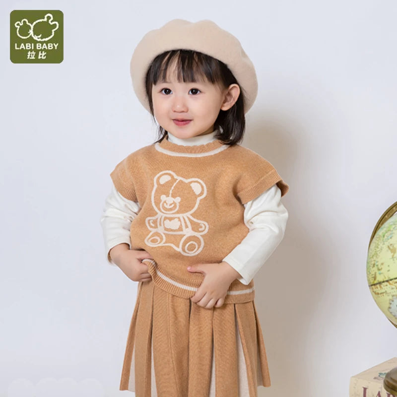 LABI BABY Girls Knitted Vest Top Sweater Vest Bear Pattern Autumn Tops Knitted Clothing Blue Khaki 1-6 Toddlers Baby Clothes
