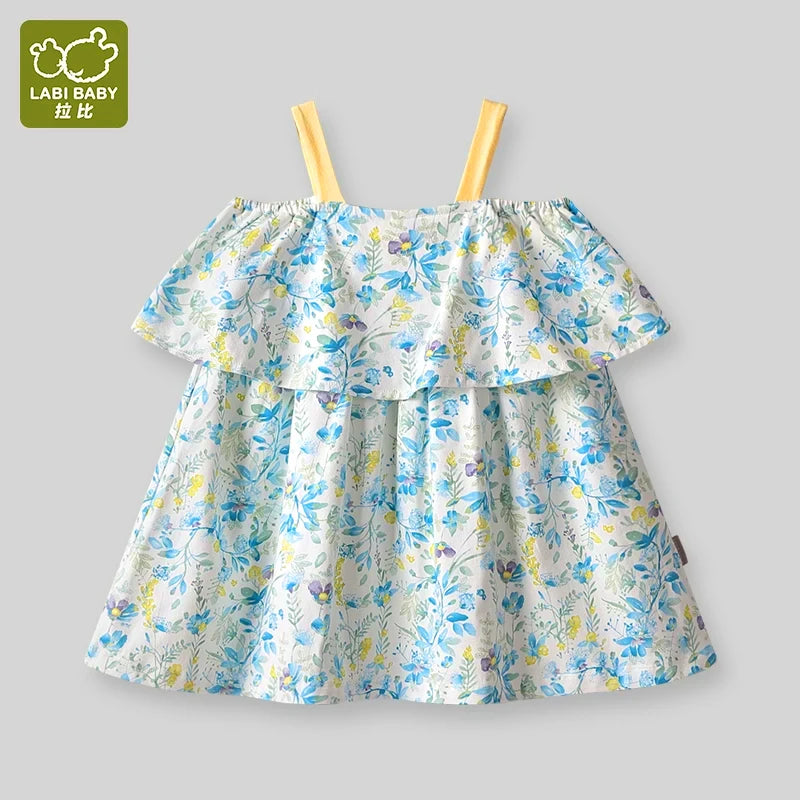LABI BABY Girls Summer Flower Dresses Cotton Sleeveless Floral Dress for Kids Colorful Party Clothes Children Beach Clothing