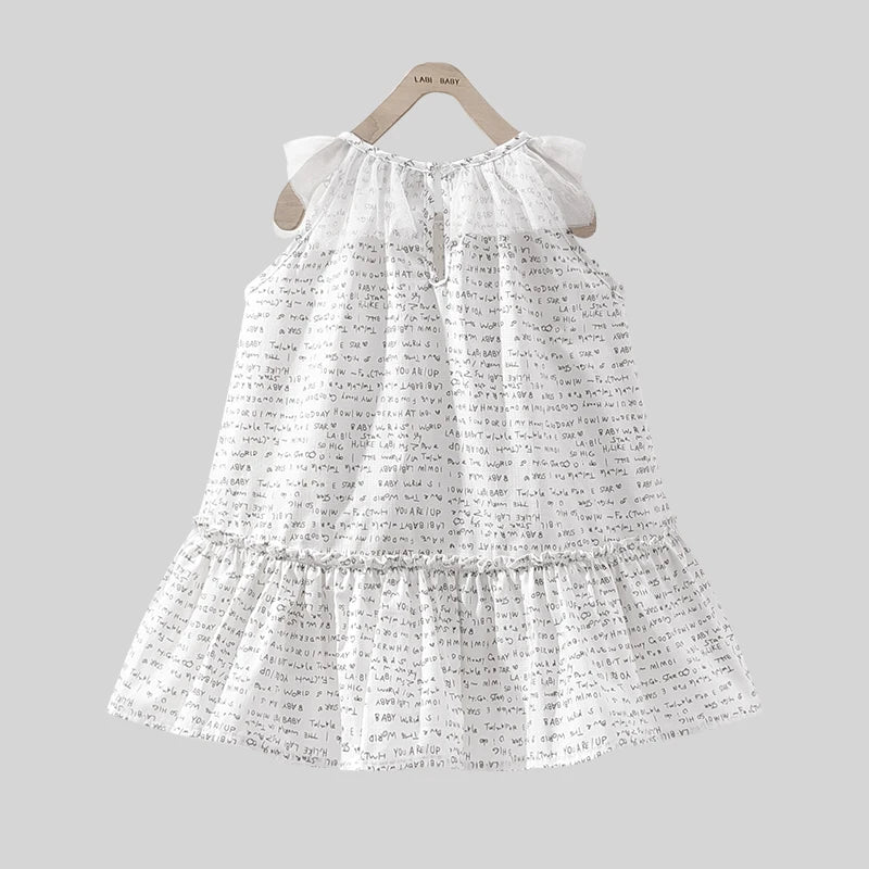 LABI BABY Sleeveless Mesh Collar Dress Summer Dresses for Girls Letters Prints Casual Princess Dress Toddler Infant Kid Clothing