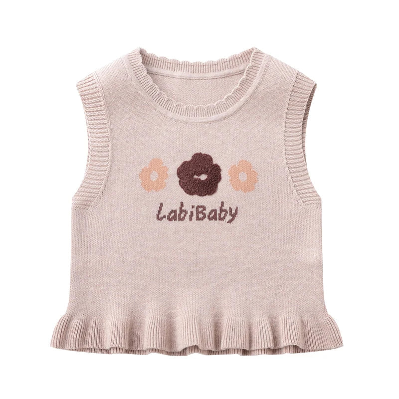 LABI BABY Blossom Knitted Vest for Girls Flowers Pattern Sweater Vest O Neck Pullover Knitwear Sleeveless Sweater Vests Top 2024