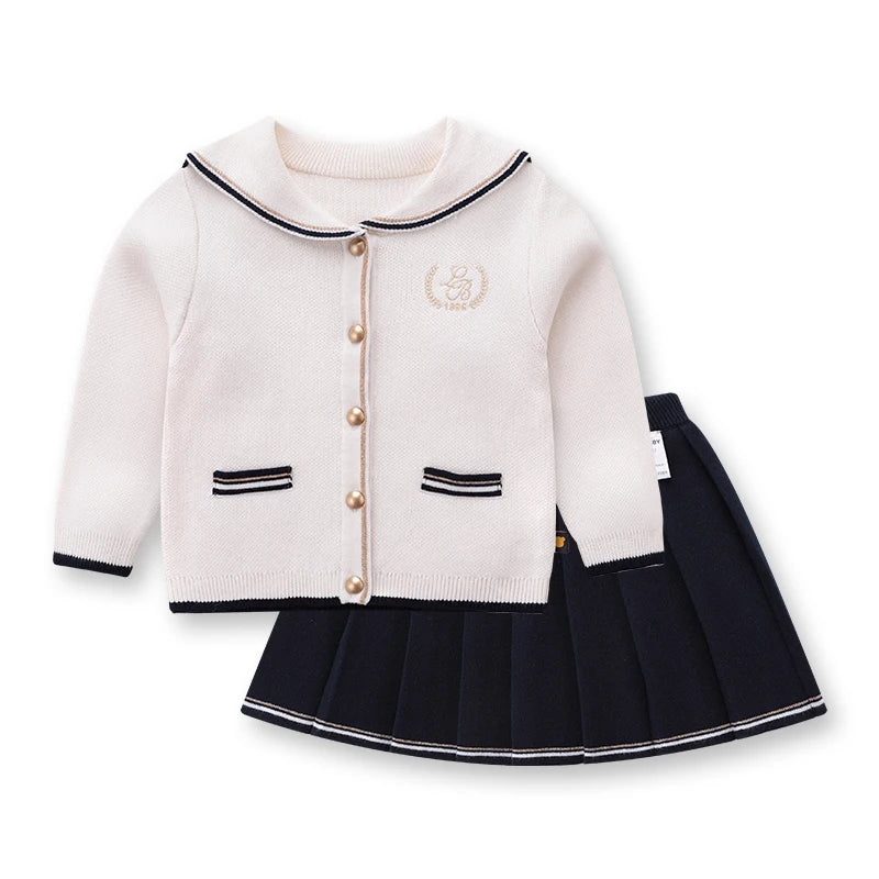 LABI BABY Girls Knitted Sweater and Skirt Set Lovely Long Sleeve Knit Cardigan Pleated Skirts Autumn Kids Boutique Clothing 1-6Y