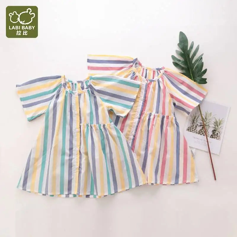 Colorful Pleated Design Dress for Girls Baby Summer Thin Dresses Kids Stripes Print Round Neck Party Dress Summer Beach Clothes