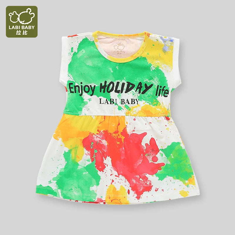 LABI BABY Summer Colorful Girls Dress Kids Printed Dresses Cute Casual Cotton Long Skirt for Girls Toddler Baby Girl Clothes