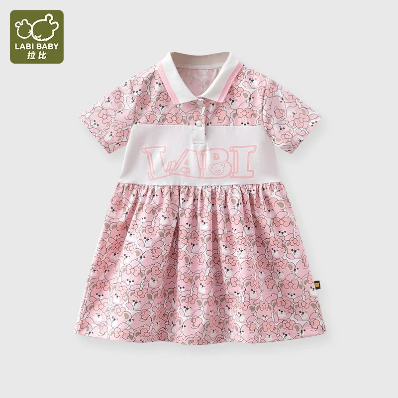 Pink Dresses Bear Cartoon Print Short Sleeve Dress For Kids Girl Cotton Cute kids clothes girl Knee Length dress 2024