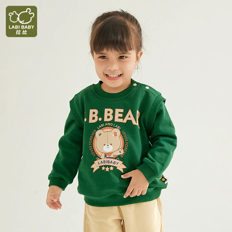 LABI BABY Autumn Sweatshirt for Boys Girls Long Sleeve Hoodies Bear Print Pullover Kids Green Tops Casual Toddler Child Clothes