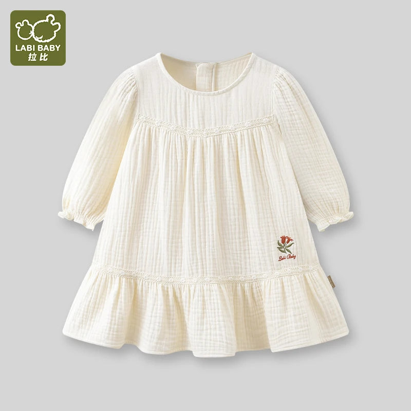 LABI BABY Autumn Embroidery Dress for Girls Elegant Long Sleeve Princess Dresses Cotton Frocks Children Clothing Kids Clothes