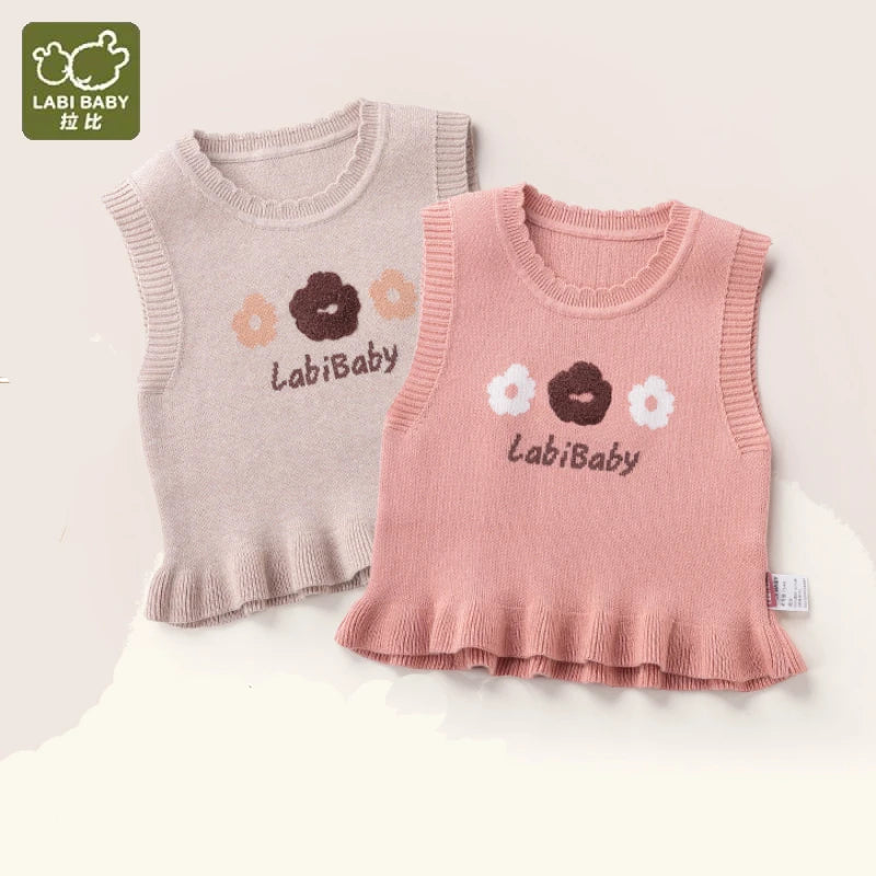 LABI BABY Blossom Knitted Vest for Girls Flowers Pattern Sweater Vest O Neck Pullover Knitwear Sleeveless Sweater Vests Top 2024