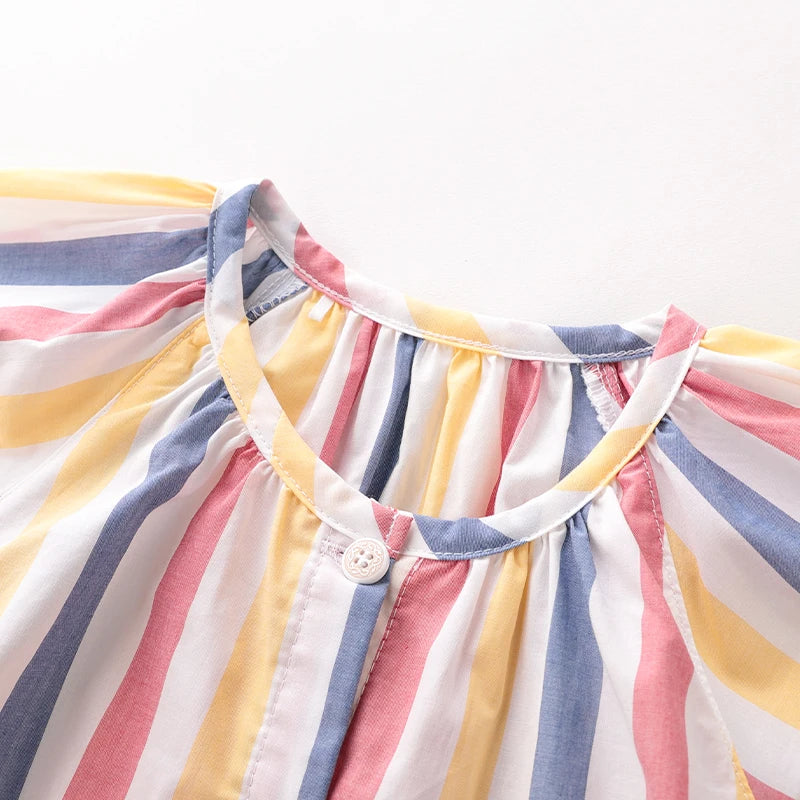 Colorful Pleated Design Dress for Girls Baby Summer Thin Dresses Kids Stripes Print Round Neck Party Dress Summer Beach Clothes